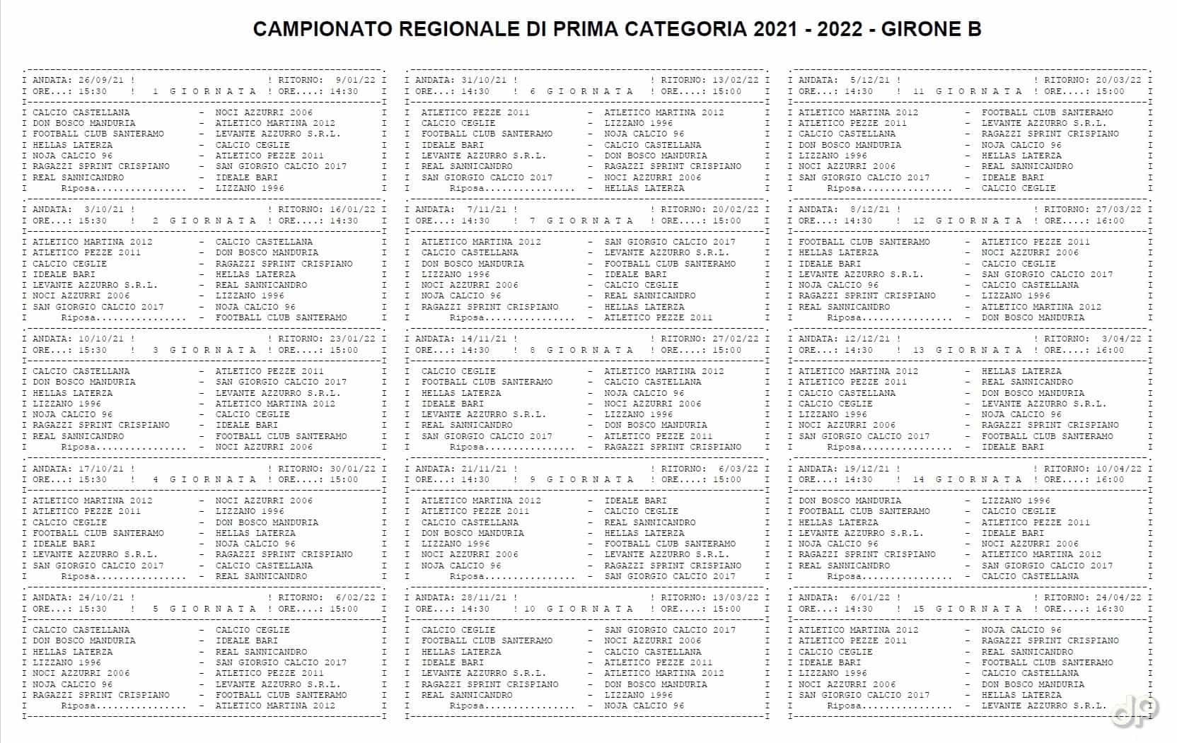 Calendario Prima Categoria pugliese girone B 2021-22