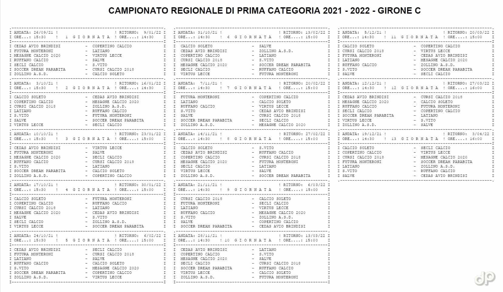 Calendario Prima Categoria pugliese girone C 2021-22
