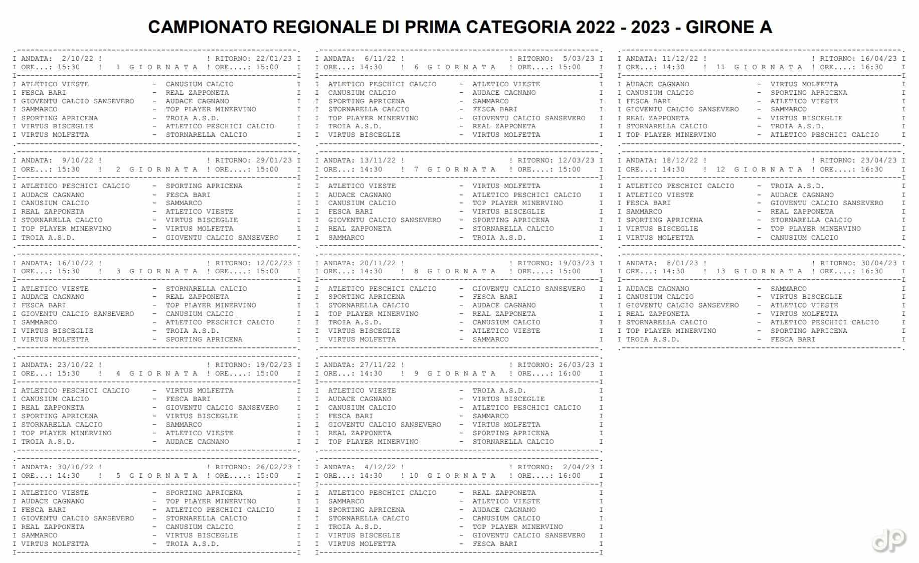 Calendario Prima Categoria pugliese girone A 2022-23