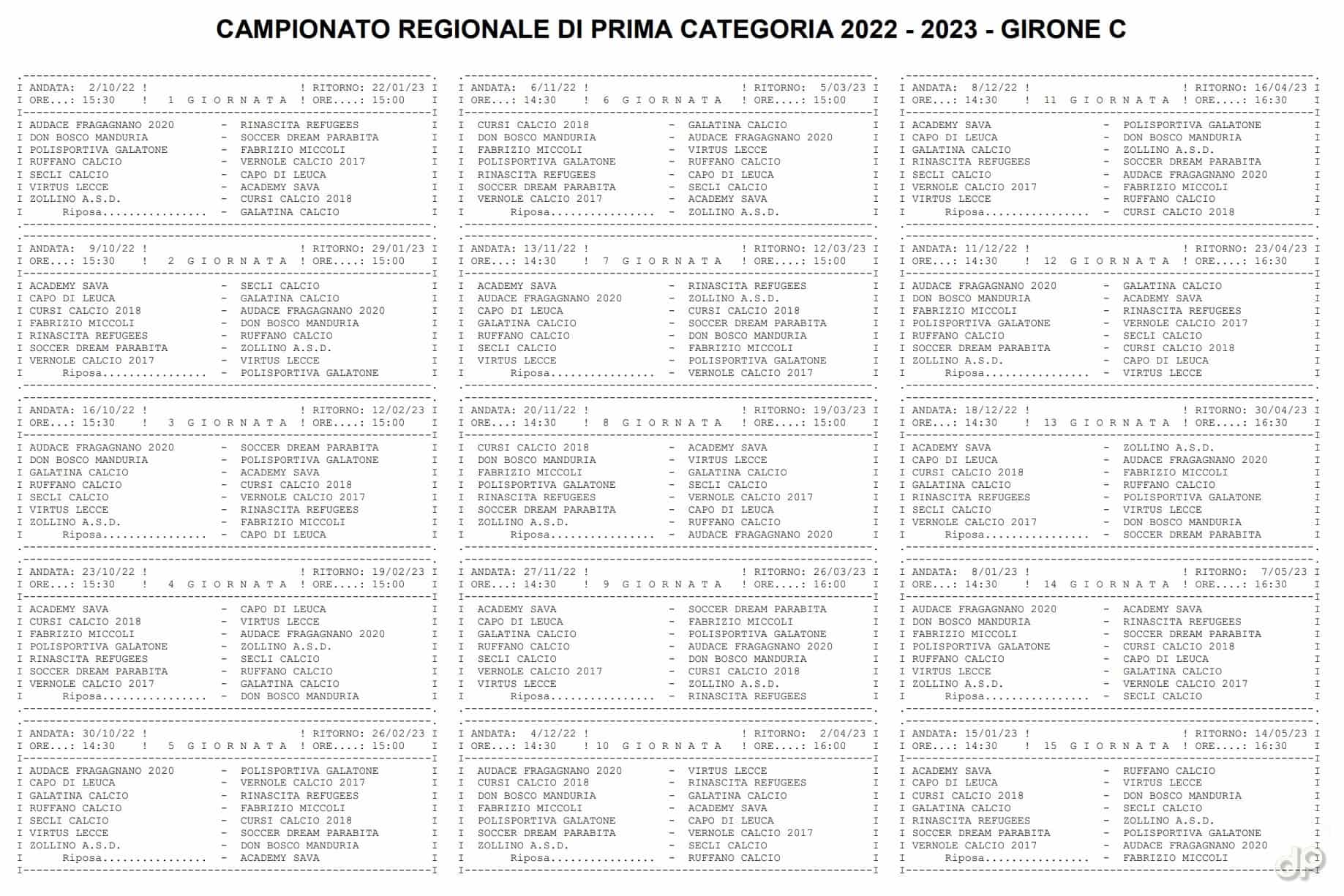 Calendario Prima Categoria pugliese girone C 2022-23