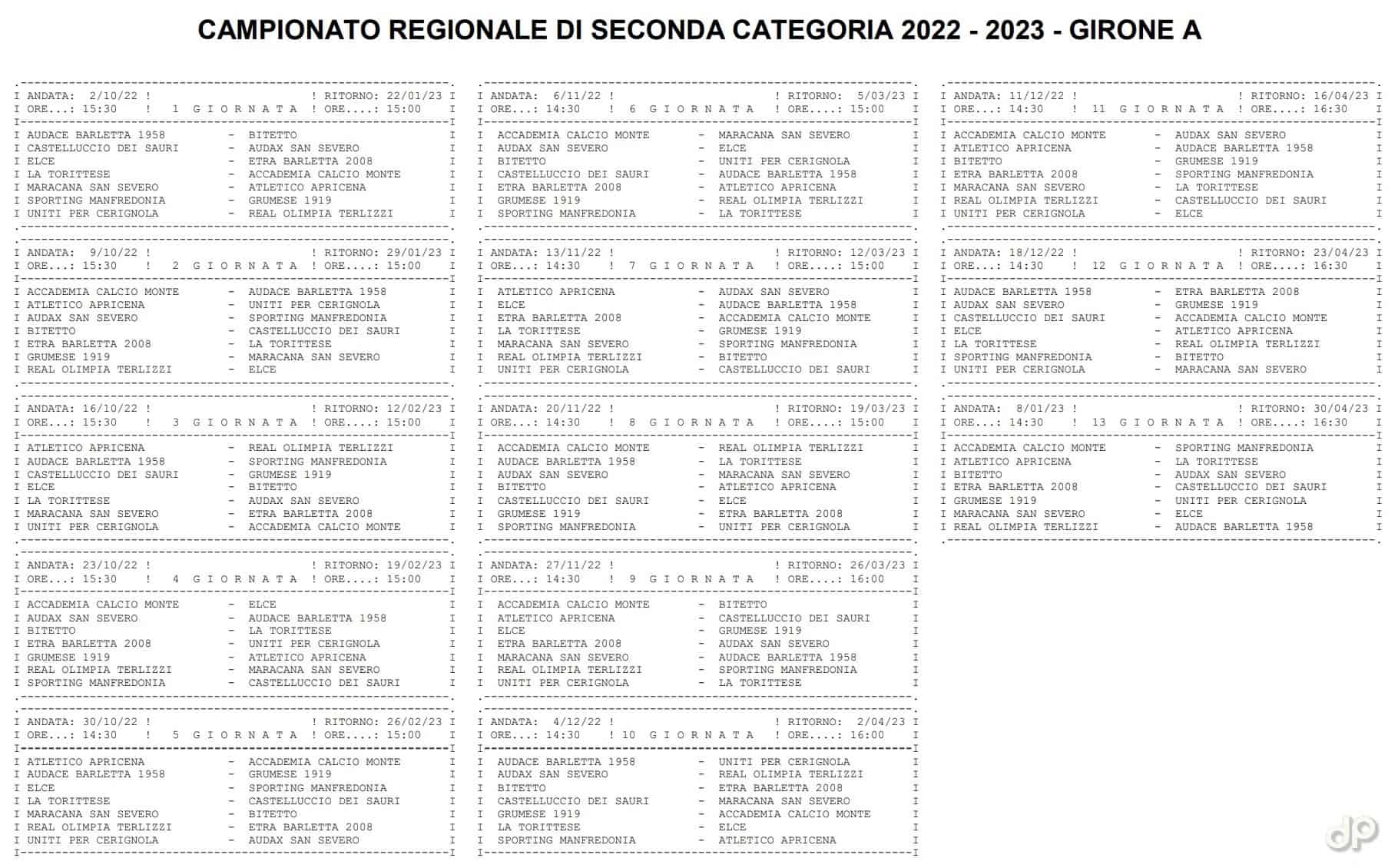 Calendario Seconda Categoria pugliese girone A 2022-23