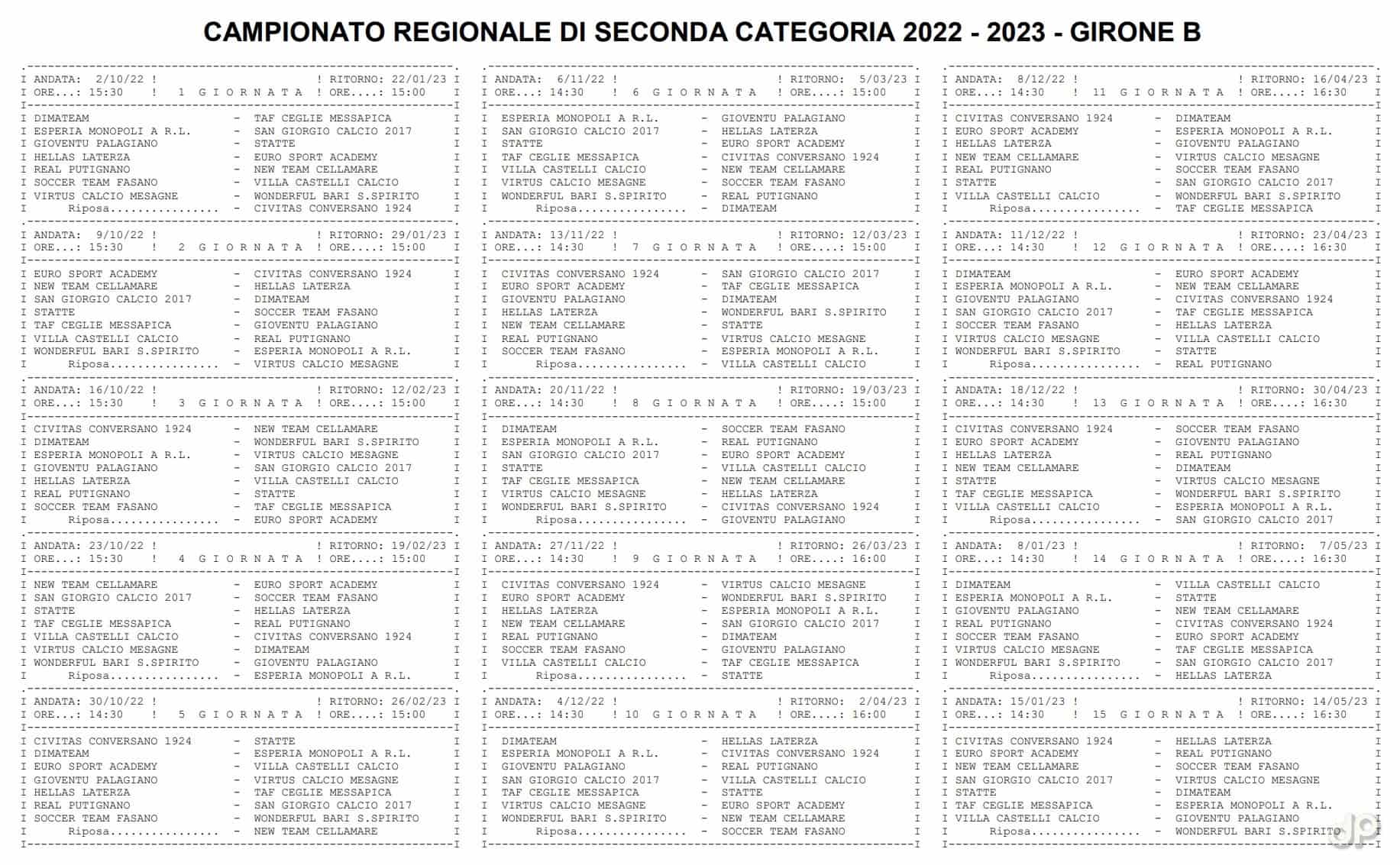 Calendario Seconda Categoria pugliese girone B 2022-23