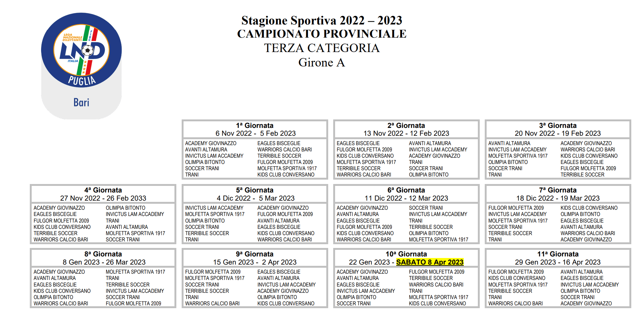 Calendario Terza Categoria Bari 2022-23